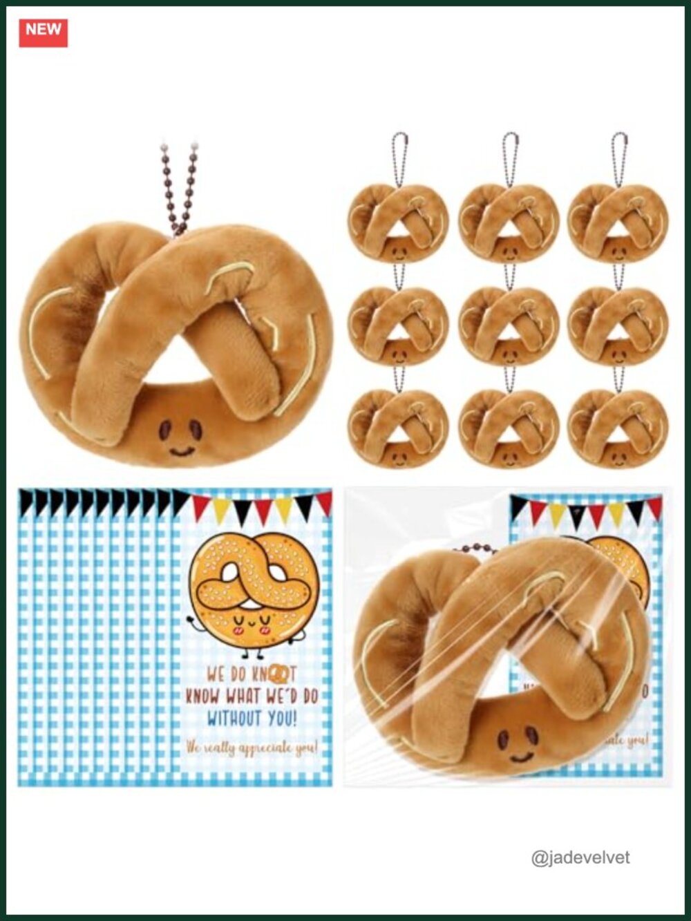 20 Pcs Oktoberfest Party Favors Plush Pretzel Keychains with Cards & Bags